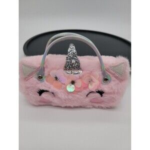 Eyeglass/Sunglass Case, Faux Pink Fur Unicorn w/Silver Horn & Carry Handles